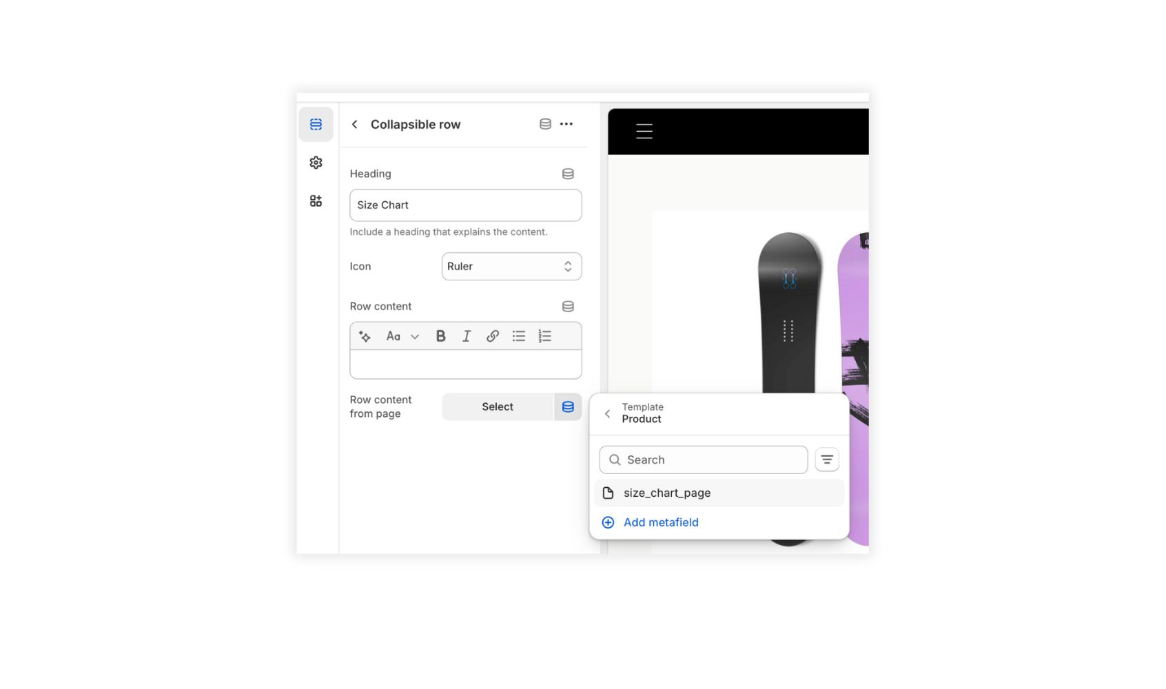 Shopify theme customize screen editing the default product template