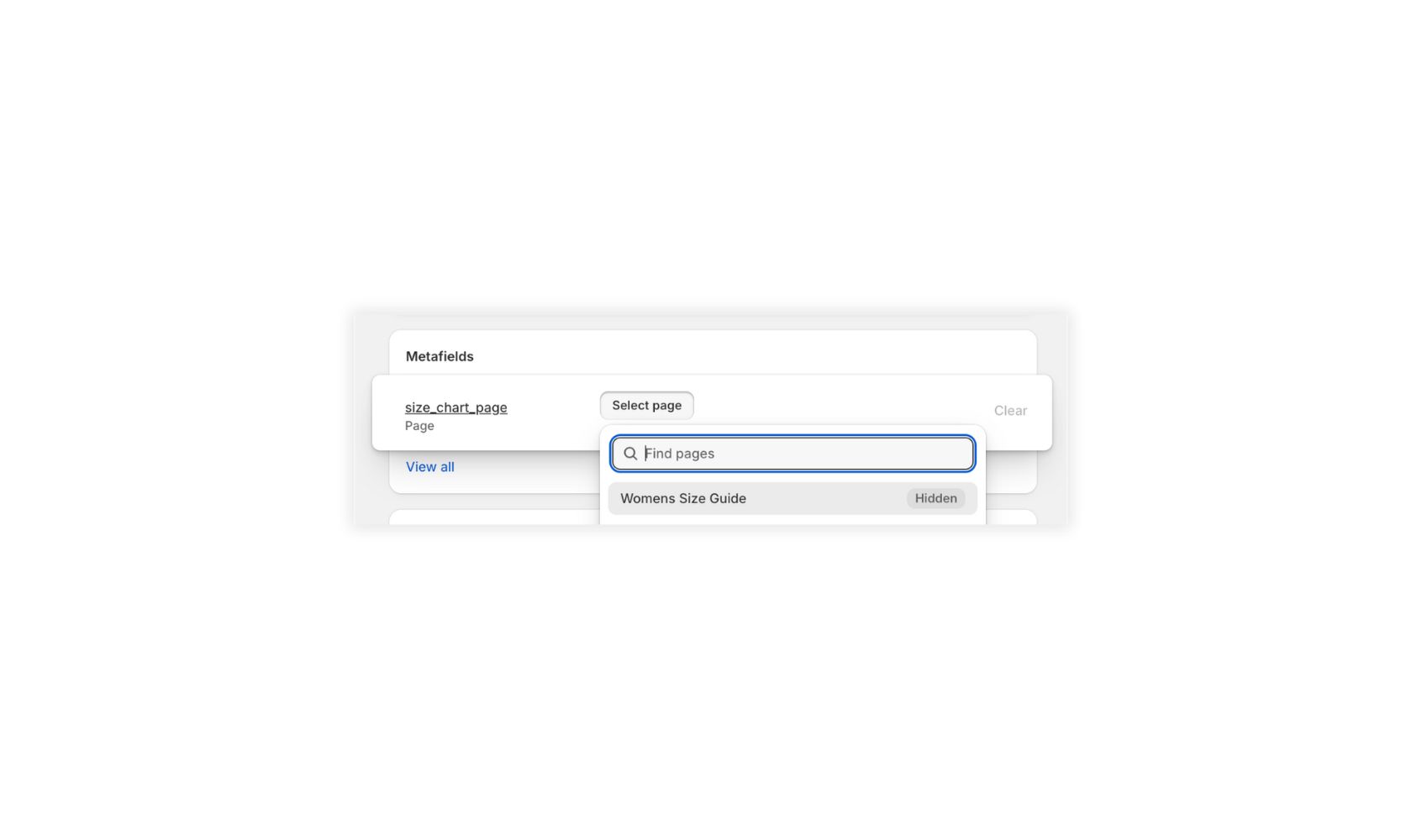 Single product page showing custom metafield box for size_chart_page metafield