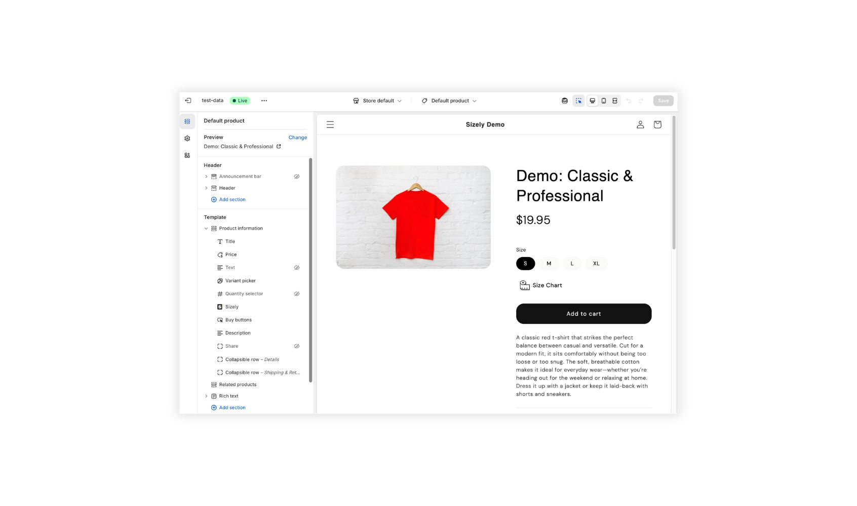 The default product template in Shopify with the Sizely app block added
