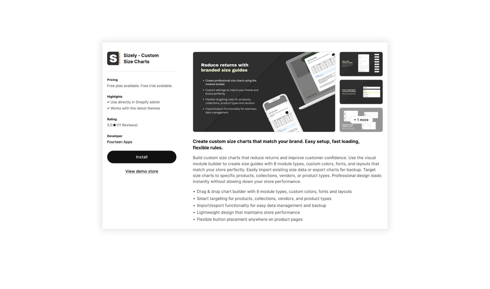 Shopify app store Sizely app listing page