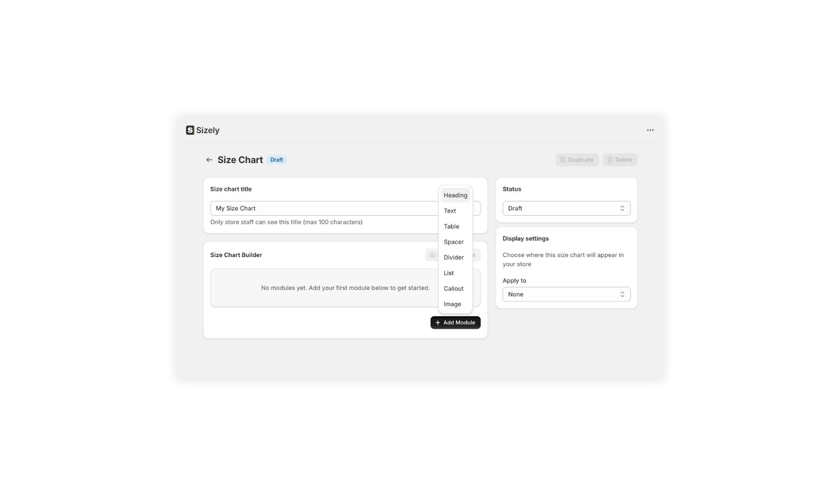 Sizely create a new size chart screen with Add module button active