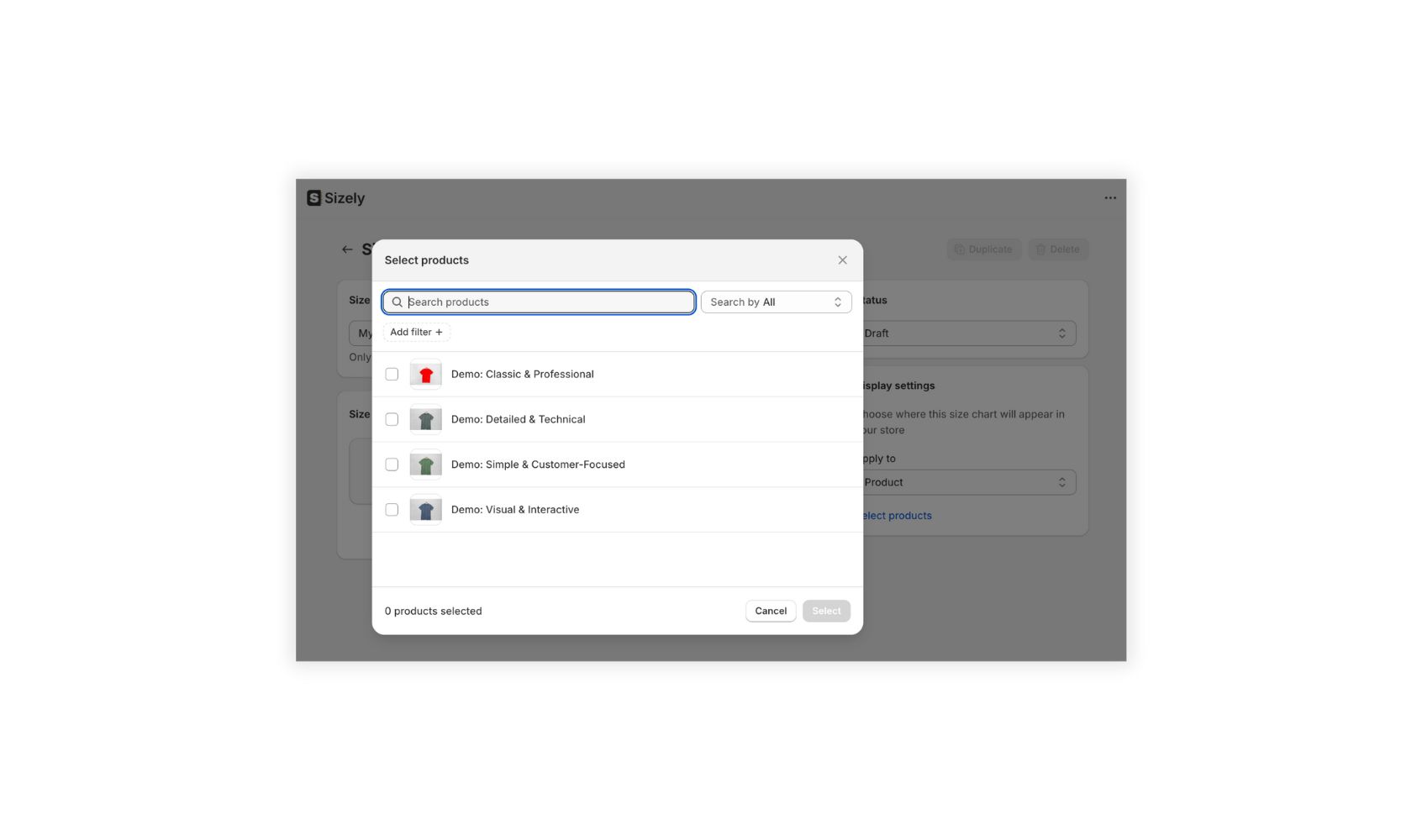Sizely display settings modal showing product assignment options