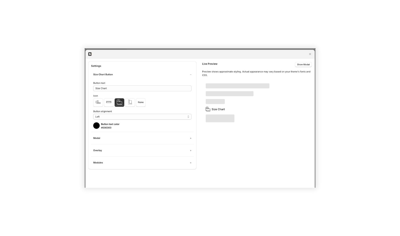 Sizely settings showing the button settings
